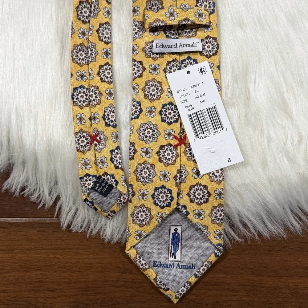 Edward Armah Men's Yellow Medallion Print 100% Silk Necktie Tie